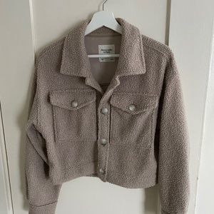 Abercrombie & Fitch cropped sherpa teddy shirt jacket in tan
